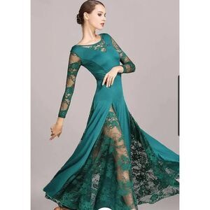 Long sleeve lace formal dress features lace inserts ..designed for Latin dancers